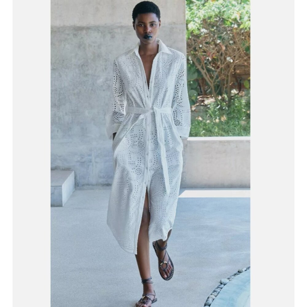 ZARA WOMAN $109 EMBROIDERED EYELET SHIRT DRESS ZW COLLECTION WHITE | 3129/265 - Picture 3 of 9